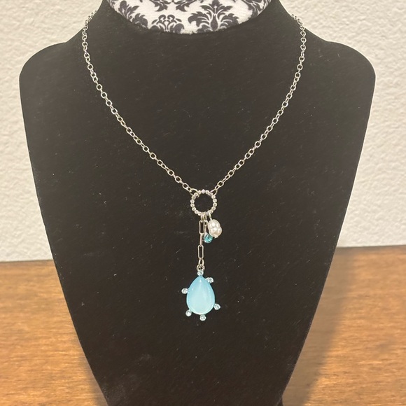 Emberly Elegant Silver Tone Necklace with Teardrop Blue Pendant - Picture 5 of 8